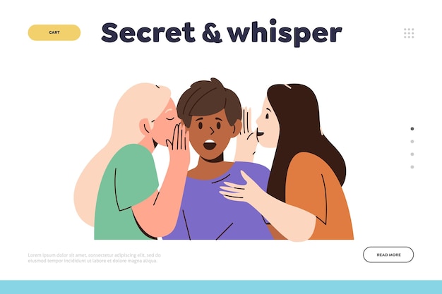 Vector secret and whisper landing page design template with cute children quietly chatting in secrecy