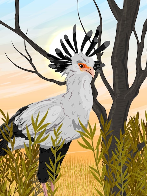 The secretary bird stands in a dry african savanna wild birds of africa realistic vector landscape