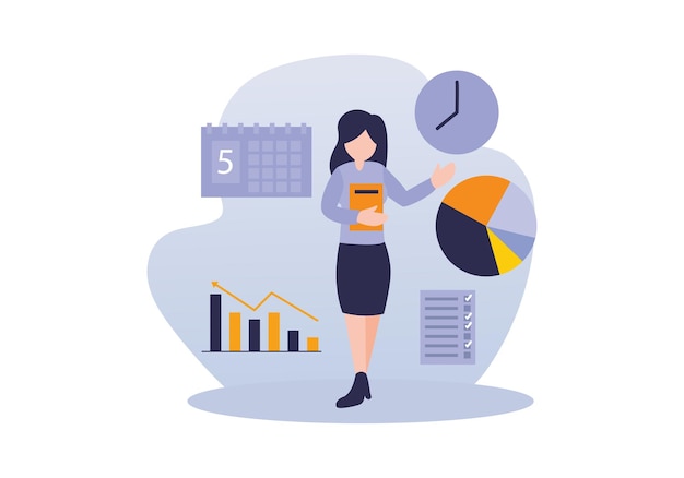 Vector secretary flat vector illustration business management time schedule profit chart data analysis