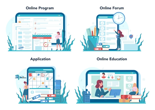 秘書のオンラインサービスまたはプラットフォームセット。受付係が電話に出て、書類を手伝います。オンラインプログラム、フォーラム、アプリケーション、教育。