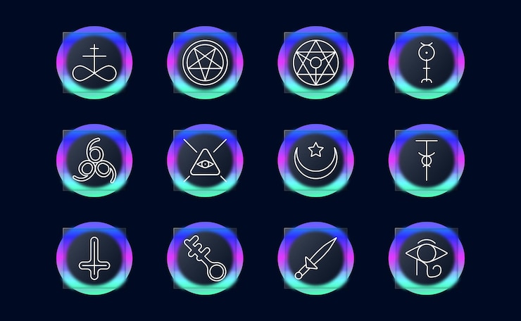 Vector sect set icon pentagram sigil of baphomet ritual dagger sacrifices inverted cross satan 666 eye key crescent with star infinity sign worship persuasion glassmorphism cult concept