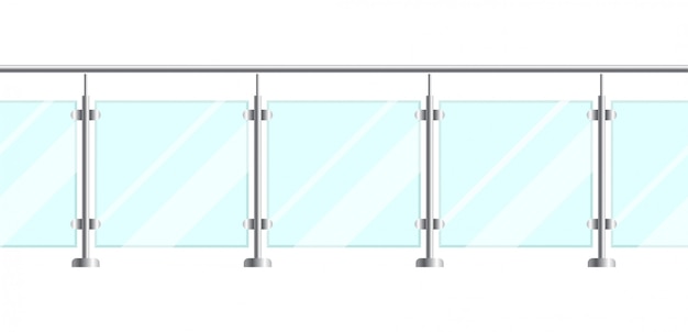 Vettore sezione di recinzioni in vetro con ringhiera tubolare in metallo e lastre trasparenti. balaustra in vetro con corrimano in metallo per scale di casa e balcone. ringhiera o sezioni di recinzione con pilastri in acciaio