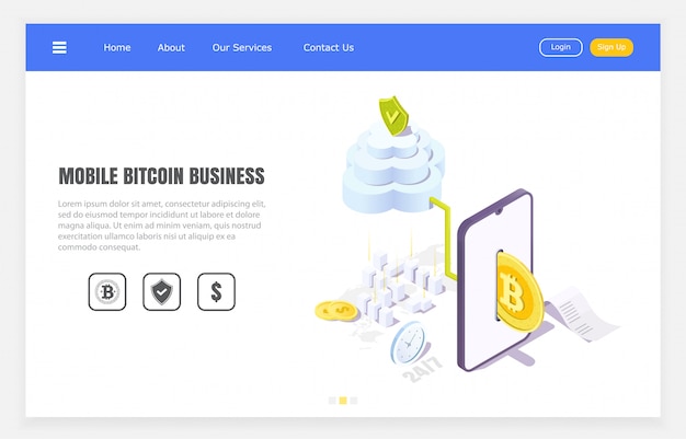 Secure bitcoin transfers through mobile application, isometric illustration.