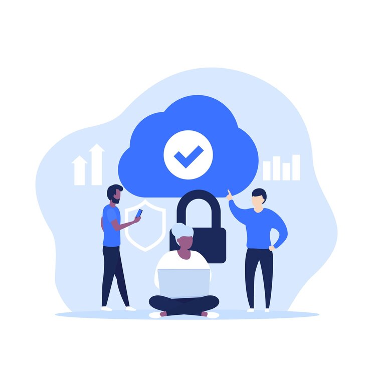 Vector secure cloud access, hosting or saas vector illustration with people