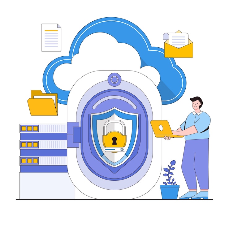Vector secure cloud storage vector illustration concept with characters data backup encrypted cloud storage data protection in the cloud modern flat style for landing page web banner infographics