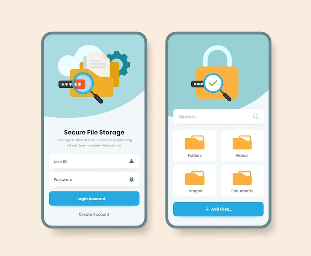 Secure file storage app screen design with security and safety folder representative illustrations