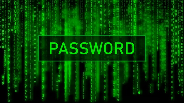 Secure password cyber attack hacking digital background green matrix binary computer code