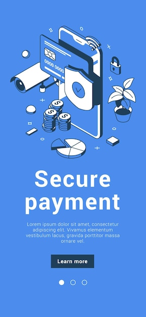 Vettore protezione delle transazioni bancarie online di pagamento sicuro con illustrazione vettoriale isometrica dell'insegna del telefono cellulare dello schermo e della carta di credito. conto di denaro di sicurezza, privacy finanziaria, verifica contactless e pay