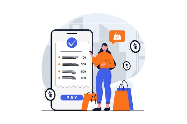 Secure payment web concept with character scene Woman paying bills with protect of personal financial data People situation in flat design Vector illustration for social media marketing material
