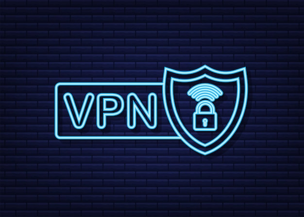 Концепция безопасного подключения VPN. Обзор подключения к виртуальной частной сети. Неоновая иконка. Векторная иллюстрация штока.