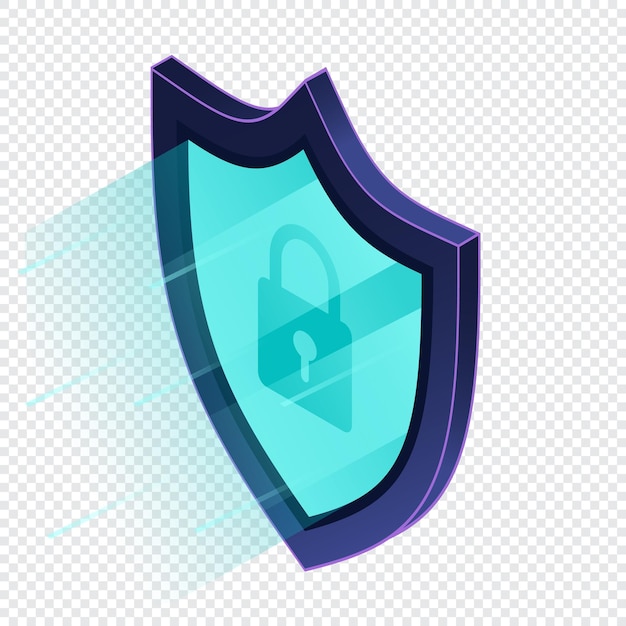 Безопасная VPN-защита с щитом Щитный замок в футуристическом фиолетовом стиле Кибербезопасность Изометрическая технология