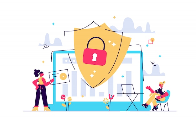 보안 분석가는 방패로 인터넷에 연결된 시스템을 보호합니다. 사이버 보안, 데이터 보호, 흰색 바탕에 사이버 공격 개념. 분홍빛이 도는 산호 Bluevector 고립 된 그림