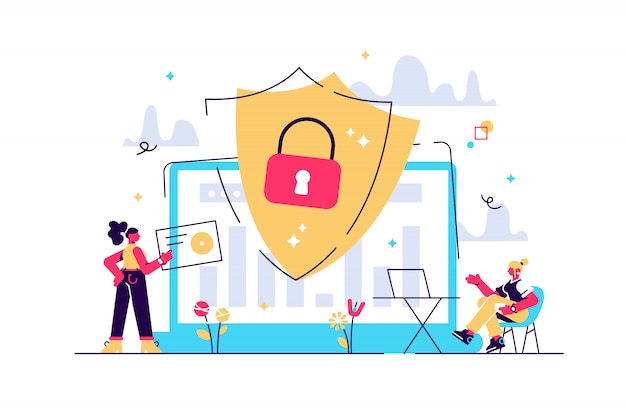 Security analysts protect internet-connected systems with shield. cyber security, data protection, cyberattacks concept on white background. pinkish coral bluevector isolated illustration