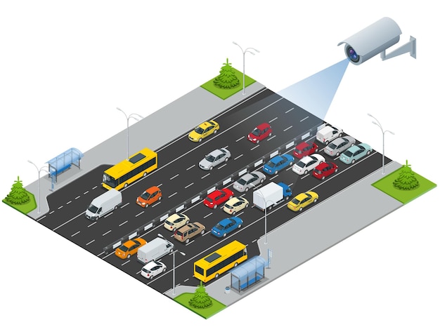 Security camera detects the movement of traffic. CCTV security camera on isometric illustration of traffic jam with rush hour. Traffic 3d isometric vector illustration