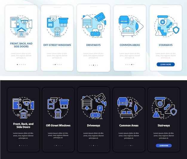 security camera system installing onboarding mobile app page screen. walkthrough 5 steps graphic instructions with concepts. ui, ux, gui vector template with linear night and day mode illustrations