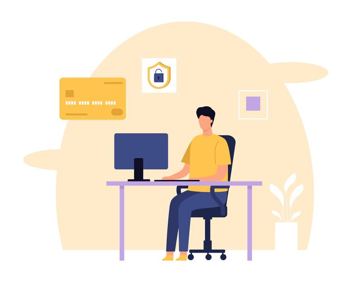 Vector security concept man programmer sitting at computer and coding database security software protecting data
