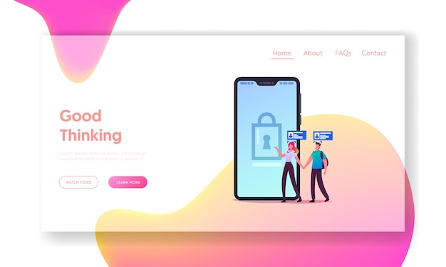 Security, digital technologies for mobile phone landing page template.