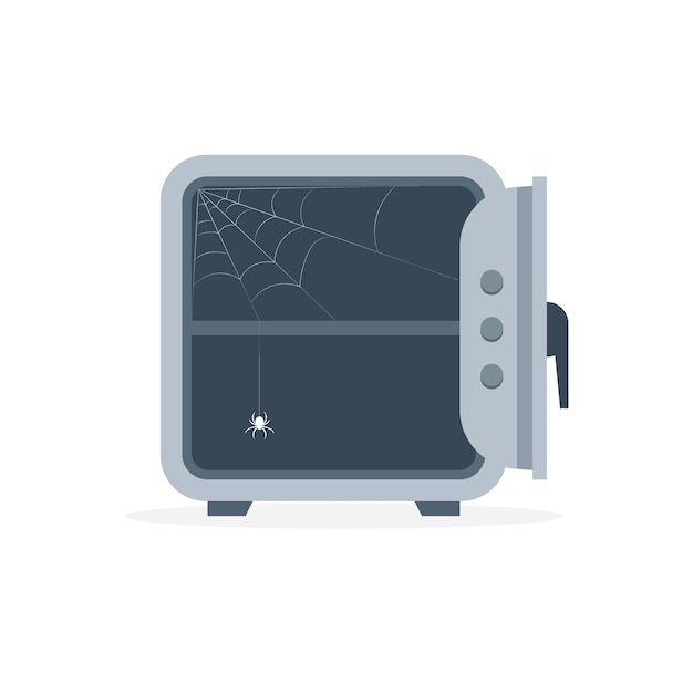 内部にクモが入ったセキュリティ空の金属金庫 金庫はクモの巣で覆われている web ゲームのアイコン