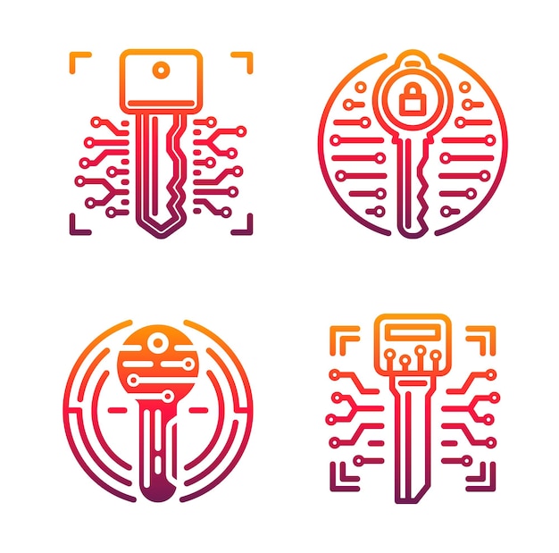 security key vector icons of cybersecurity and web security design. digital key and secure access padlock isolated symbols with pink pattern of computer circuit board, data and ddos attack protection