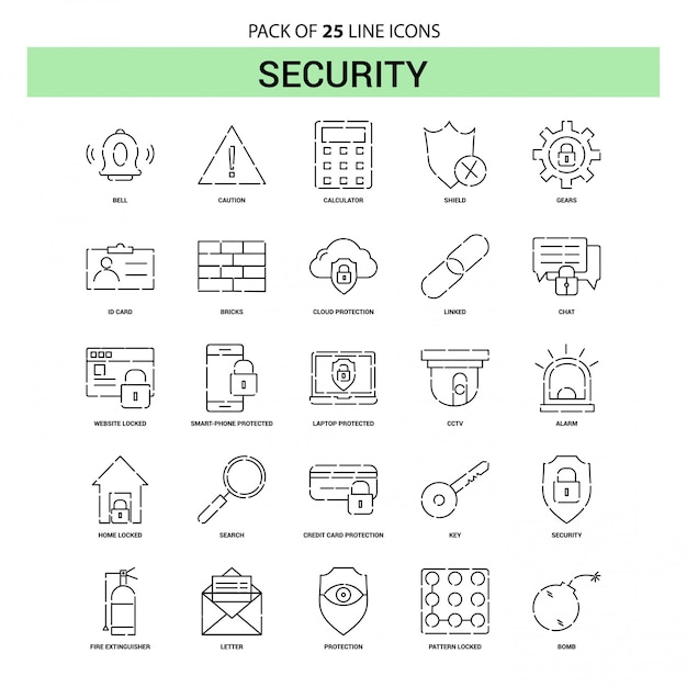 Vector security line icon set - 25 dashed outline style