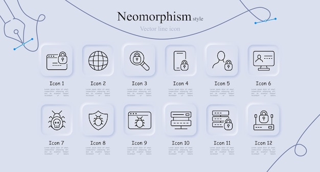 Security line icon set Website bug server shield internet lock password smartphone monitor hacker Neomorphism style Vector line icon voor Business