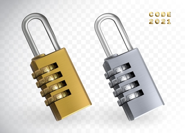 Security lock 2021 3d  illustration. new year code padlock isolated. gold and silver locks with numbers