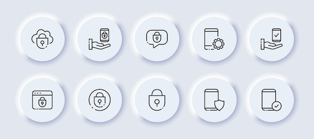 Security neomorphic line icons set Web page protection password reliability lock database hand speech bubble smartphone shield checkmark Technology concept Vector neomorphic icons set