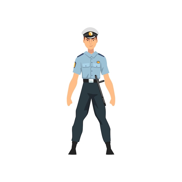 Vector security police officer professional policeman character in blue uniform vector illustration