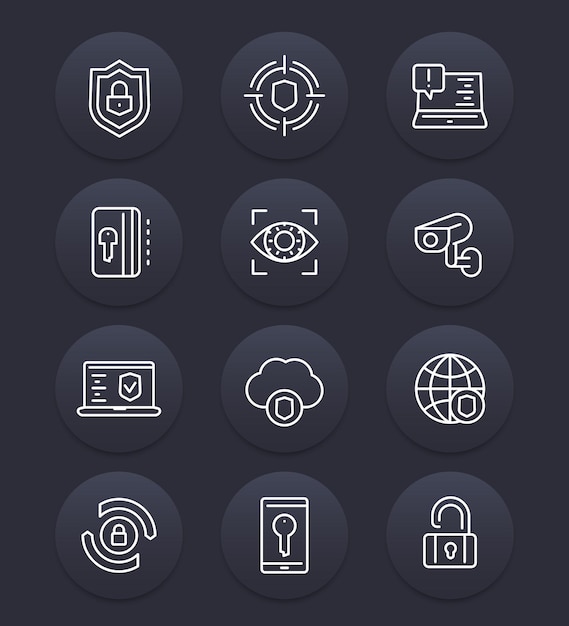 Set di icone della linea di sicurezza e protezione, sicurezza informatica, navigazione sicura, firewall