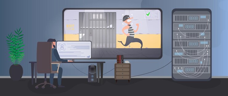 Vector security room. the guard recorded an escape in prison. 