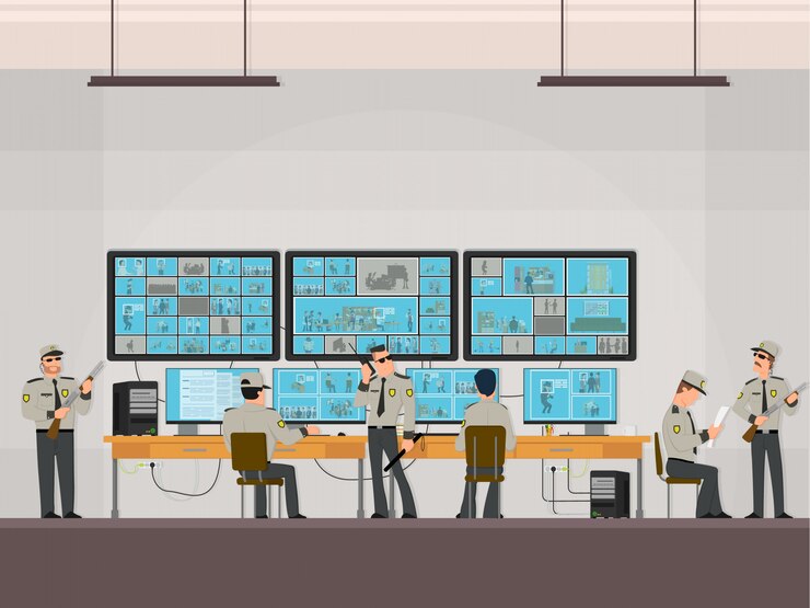 Vector security room in which working professionals. surveillance cameras. cctv or surveillance system concept.