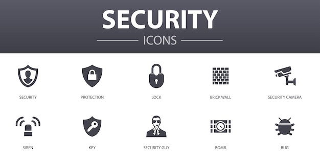 Vector security simple concept icons set. contains such icons as protection, security camera, key, bomb and more, can be used for web, logo, ui/ux