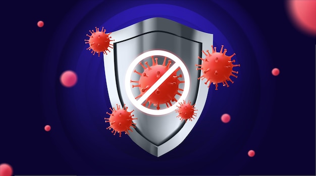 Security siver shield for virus protection Coronavirus safety concept on blue background