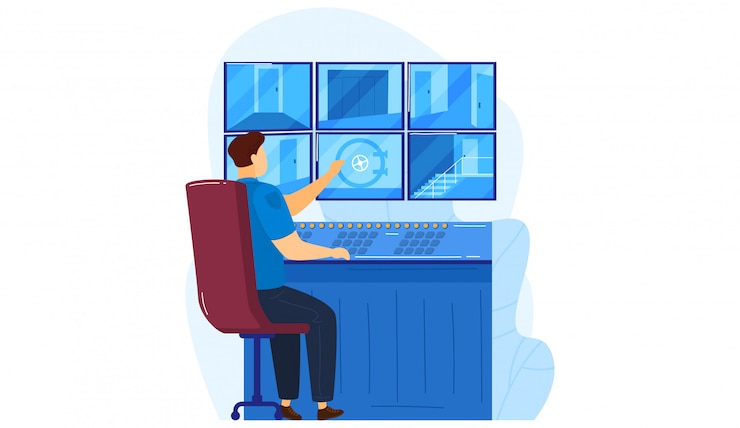 Vector security surveillance center video camera concept room, policeman service worker watch city security isolated on white, cartoon illustration.