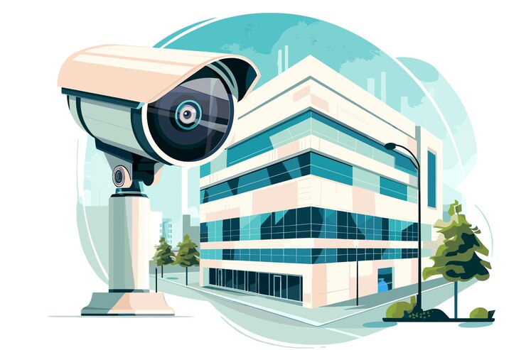 Vector security system surveillance cameras on background with cityscape and blue sky realistic vector