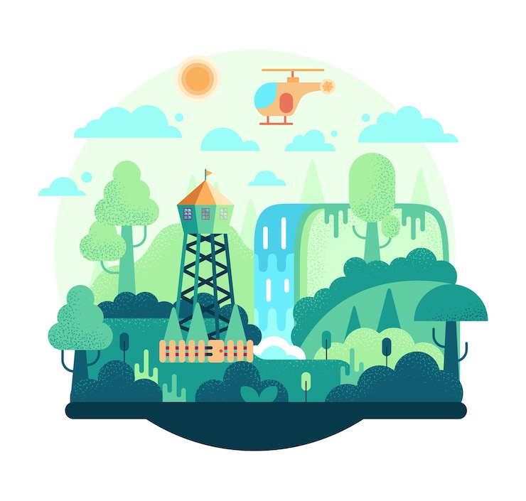 Vector security tower in the forest next to the waterfall and helicopter