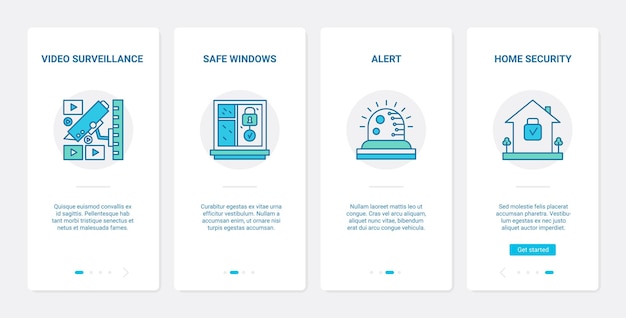 Protezione della privacy della videosorveglianza di sicurezza ux ui onboarding set di schermate dell'app mobile