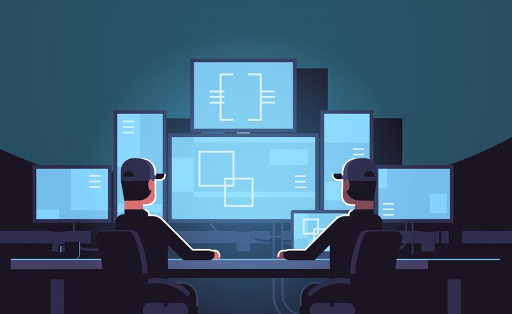 Vector security workers watching video surveillance cameras