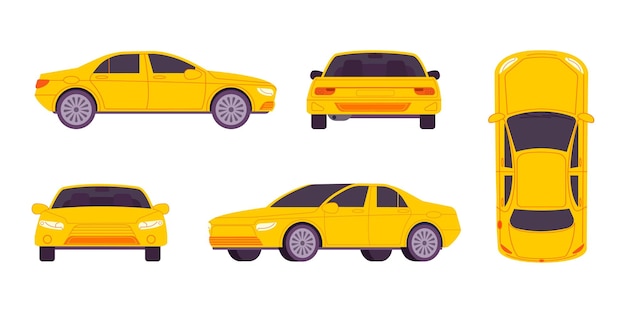 Sedan zijkanten bekijken gele auto of taxi sjabloon zijkant voorkant achterkant bovenaanzicht rijden automobilisme concept voertuig parkeren chauffeur mockup geïsoleerde kleurrijke auto's vectorillustratie van auto taxi sedan