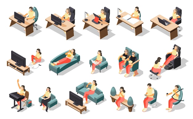 Sedentary lifestyle isometric recolor icon set with girl doing different activities in a sitting position vector illustration