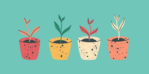 Seedling pots The seeds germinated into sprouts of various colors Vector flat trend illustration