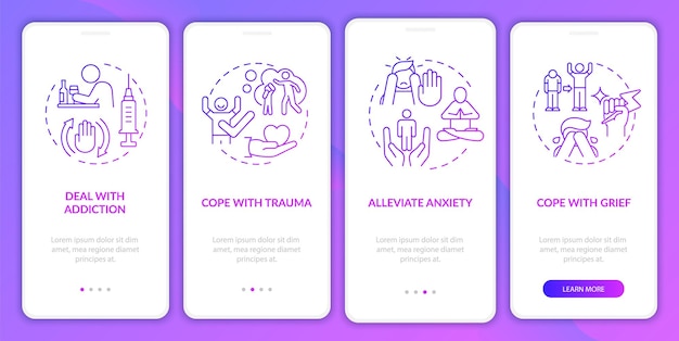 Seeking emotional support purple gradient onboarding mobile app screen walkthrough 4 steps graphic instructions pages with linear concepts ui ux gui template myriad probold regular fonts used