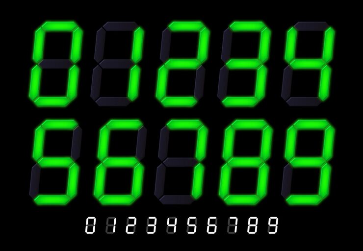 Vector segmented lcd display numbers digital time timer signs tech clock count or retro led calculator screen font vector set vector set