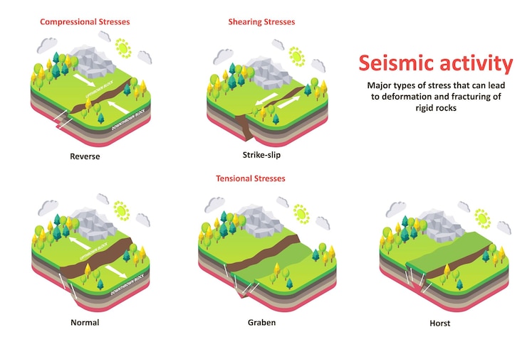 Vector seismic activity earth crust stresses vector isometric diagram