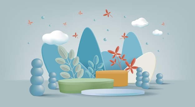 Seizoen achtergrond product display scene met bomen en wolken Stralende lichten en podium Vector illustratie