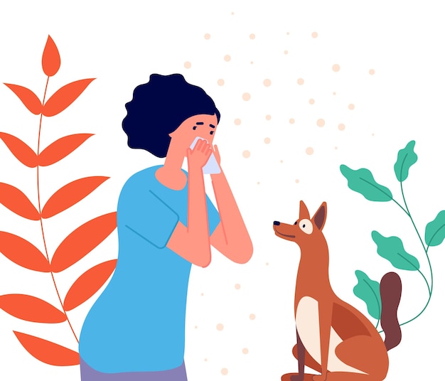 Seizoensgebonden allergie. vrouw niest op stuifmeel, allergisch meisje op bloemen van dierlijke planten. griepsymptomen, ziek wijfje met hond volslagen vectorconcept. illustratie vrouw allergische wol en bloem