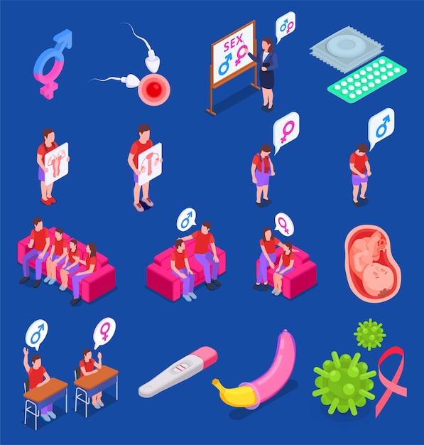 Seksuele voorlichting isometrische pictogrammen instellen met anticonceptie en anatomie symbolen geïsoleerde vector illustratie