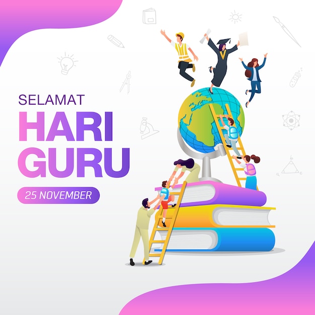 Selamat Hari Guru. 번역 : 해피 스승의 날. 인도네시아어 휴일 교사의 날 그림. 인사말 카드, 포스터 및 배너에 적합