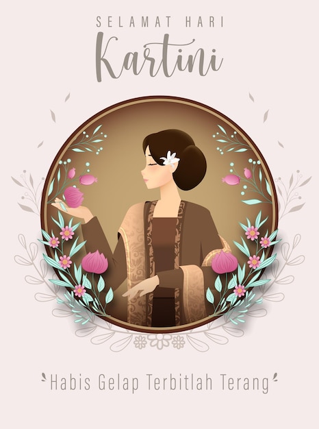 Selamat hari kartini betekent gelukkige kartini-dag kartini is indonesische vrouwelijke held vectorillustratie