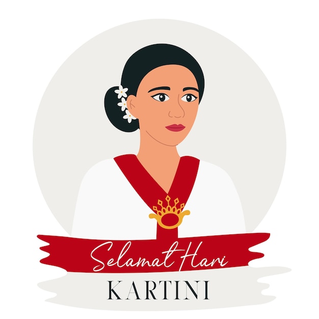 Selamat Hari Kartini Translation Happy Kartini Day Kartini the hero of women and human right in Indonesia Asian woman with dark hair surrounded with flowers Flat Vector Illustration